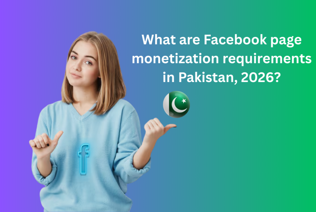 Graphic displaying key Facebook monetization requirements like 10k followers, 600k watch minutes, and policy compliance in Pakistan.